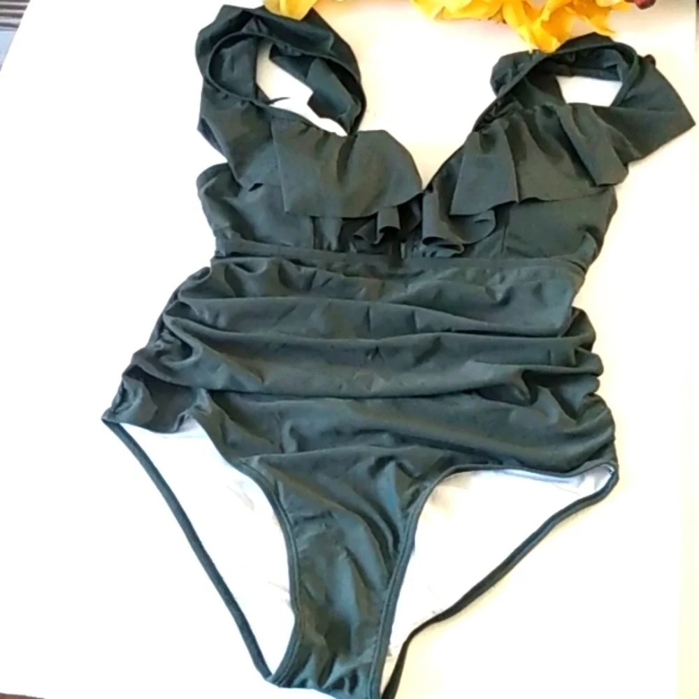 PLUNGE V-NECK MONOKINI Green Ruffle Trim Lace Up Back Ruched Swimsuit SIZE LARGE - Picture 8 of 15